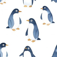 Obraz premium Watercolor illustration of seamless boho animals. A whimsical pattern featuring penguins in various poses on a light background, creating a playful and charming design.