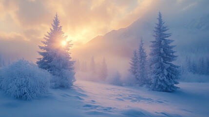 Breathtaking Winter Wonderland Featuring Majestic Snowy Landscape with Tall Trees and Soft Snow Blanketing the Ground Creating a Peaceful and Tranquil Atmosphere in Nature's Beauty