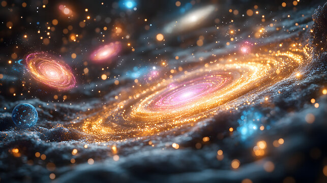 Celestial Symphony: Dive into the cosmic dance of swirling galaxies and celestial wonders, an artistic portrayal of the universe's grand spectacle. The image is a visualization of cosmic beauty.  - Powered by Adobe