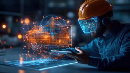Engineer in hard hat using tablet to oversee construction project on site with digital plans and data