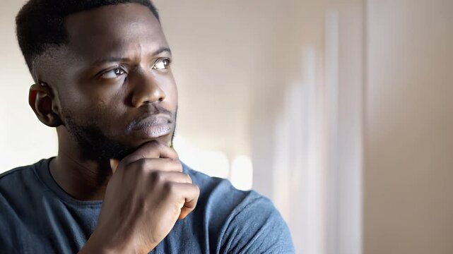 Homme noir &eacute;l&eacute;gant trentenaire, qui se tient le menton d'un air songeur, dubitatif, &eacute;tonn&eacute;, l&eacute;ger zoom avant 