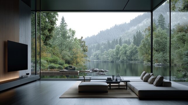 Modern Japanese-style living room with mountain view