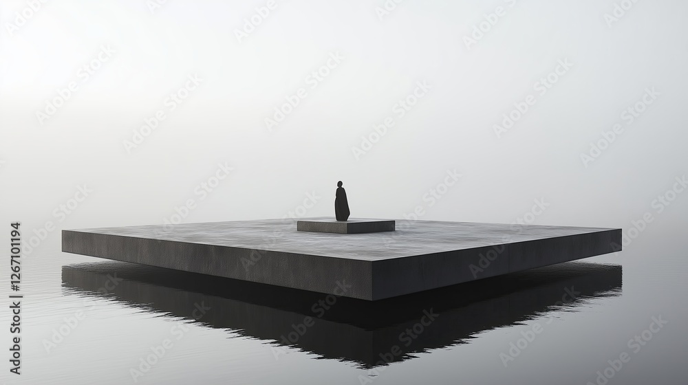 Poster A floating platform with a single minimalist sculpture