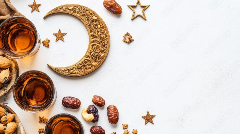 Poster delightful spread of ramadan delicacies includes sweet dates, aromatic nuts, and refreshing drinks a
