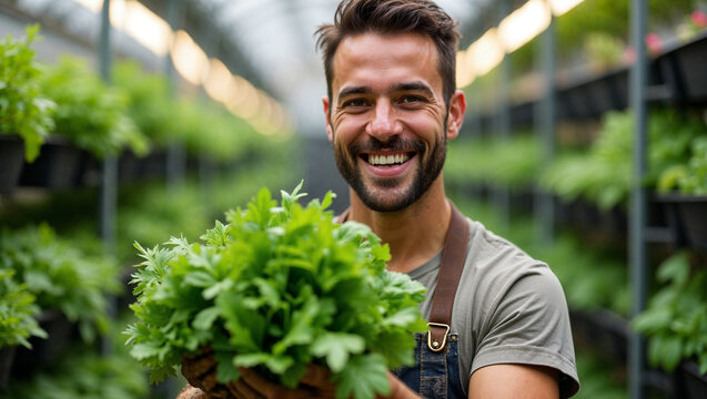 A man holds a bunch of fresh green herbs in a well-lit greenhouse, beaming with a joyful expression. The lush plants in the background create a harmonious and productive environment