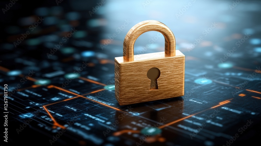 Poster digital padlock on a circuit board symbolizing enhanced cybersecurity and data protection technology