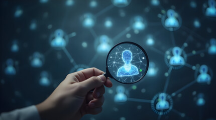 Human Resources Recruitment: Hand Holding Magnifying Glass Over Digital Candidate Network for Talent Acquisition & Employee Search in Blue Tones
