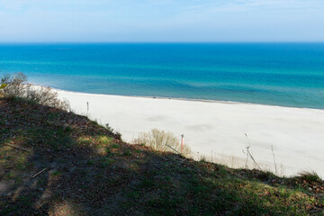 Panoramic View of a Sandy Beach and Blue Sea from a Cliffside in Jastrzębia Góra
