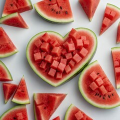 A juicy watermelon cut into small cubes and arranged in a heart shape on a white background.