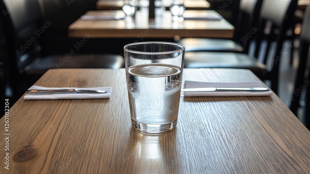 Poster a glass of water placed in the exact center of an empty table