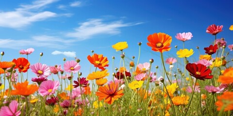 Obraz premium Vivid flower field blooms under blue sky; landscape beauty for botanical gardens, nature blogs