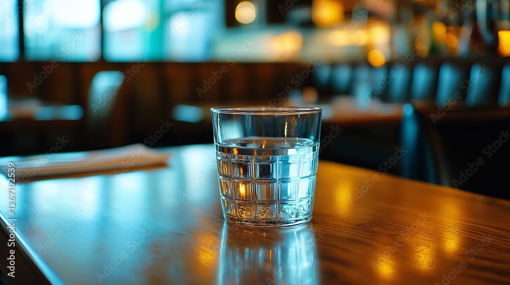 Poster a glass of water placed in the exact center of an empty table