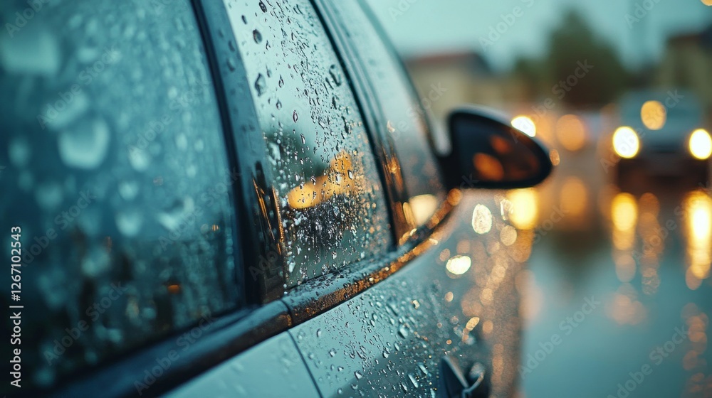 Poster raindrops cling to the surface of a car window, creating a mesmerizing pattern as warm lights from n