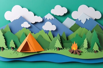 Colorful Paper Cutout Camping Scene in Mountains