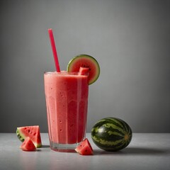 A watermelon smoothie in a glass with a straw, surrounded by small watermelon cubes on a transparent background.