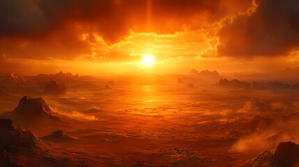 Golden Sunset: A breathtaking view of the sun setting over a sea of golden light, evoking a sense of awe and wonder. The sky ablaze with fire and mystery.