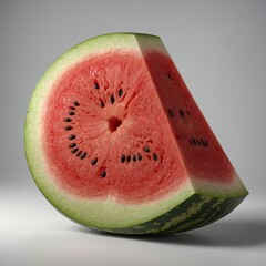 A realistic 3D-rendered half-cut watermelon, showing its juicy interior on a white background.