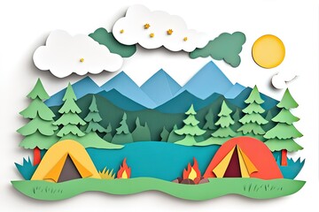 Colorful Paper Cut Camping Scene in Mountains