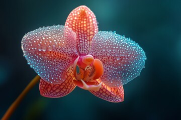 Close-up of a vibrant pink orchid with dew droplets against a blurred blue-green background