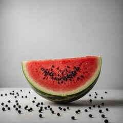 A perfectly sliced watermelon with juicy red flesh and black seeds on a white background.