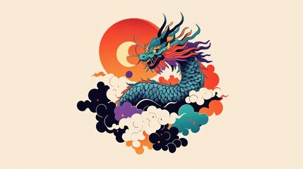 Obraz premium Colorful dragon in clouds, sun and moon. Background, art, illustration, graphic design. Possible use wallpaper, social media post