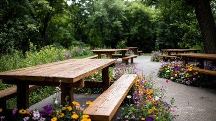 Picnic tables in a park with wildflowers