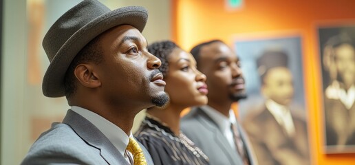 African Americans admire art gallery portraits.  Cultural heritage appreciation
