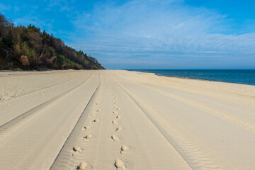Tire Tracks and Footprints on a Vast Sandy Beach with Cliffs and Blue Sky in Jastrzębia Góra