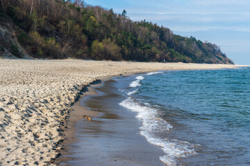 Sandy Beach and Cliffs with Waves in Jastrzębia Góra on a Sunny Spring Day