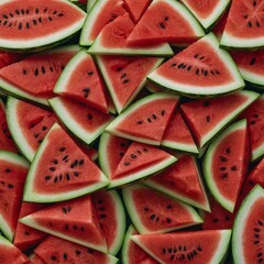 A stack of triangular watermelon slices arranged neatly on a clear background.