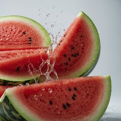 A refreshing watermelon slice with water droplets on the surface, placed on a white backdrop.