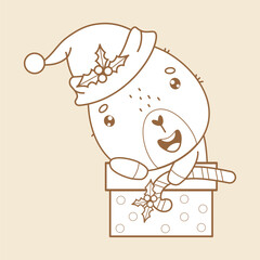Outline Christmas cute capybara in Santa hat with New Year gift box. Funny winter cartoon kawaii character. Line drawing, coloring book. Vector illustration. Kids collection