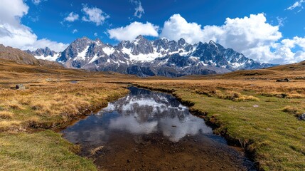 Mountain lake reflection, autumnal landscape, clear sky