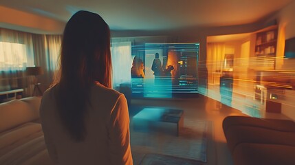 Woman Viewing a Holographic Projection of a Room with Digital Interfaces