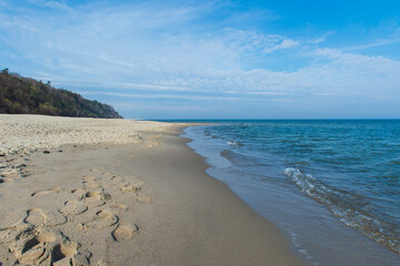 Empty Beach with Blue Sky and Calm Sea in Spring, Baltic Sea, Poland