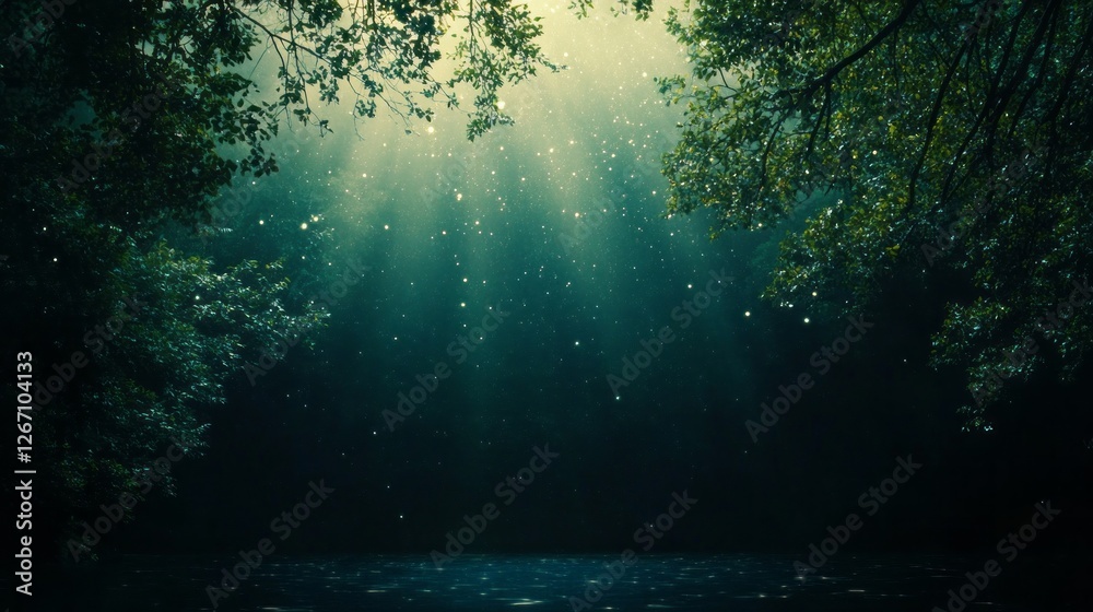 Poster sunlight pierces the leafy overhang, creating a serene atmosphere in the forest. shafts of light ill