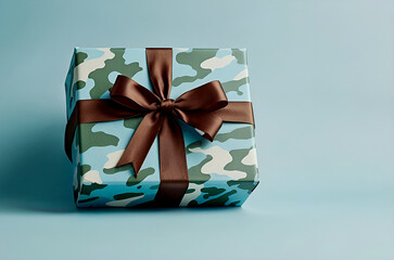 The concept of Defender of the Fatherland Day on February 23. Gift camouflage box with a festive satin ribbon bow on a light blue background.