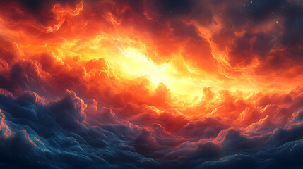 Fototapeta premium Fiery Celestial Tapestry: A breathtaking digital rendering of a celestial scene, where swirling clouds of vibrant orange, yellow and red hues dominate the sky.