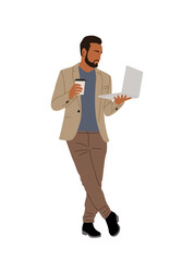 Businessman standing with laptop and coffee cup. Man wearing smart casual office outfit using computer. handsome bearded male cartoon character. Vector illustration isolated on transparent background.