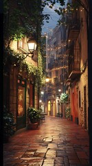 Fototapeta premium A charming, illuminated alleyway adorned with plants and warm lights, evoking a cozy atmosphere.