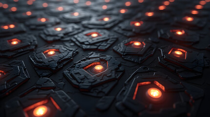 Futuristic Sci-Fi Hexagonal Grid Texture with Glowing Orange Lights: Abstract Technology Background, Dark Stone Surface, High-Tech Design, Modern Pattern Wallpaper