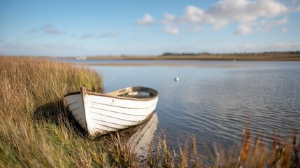 Obraz premium Coastal Rowboat at Rest, Calm Waters, Sunny Day