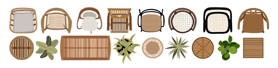 Set of chairs, potted plants and tables with a variety of styles and colors. Concept of diversity and creativity in landscape, interior design. Top view of terrace, patio, garden, porch zone furniture © Creative_Juice_Art
