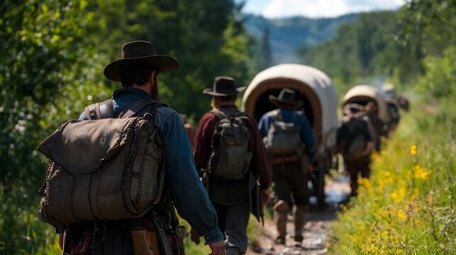 Group Of Pioneers Walking Beside Their Covered Wagons On A Trail