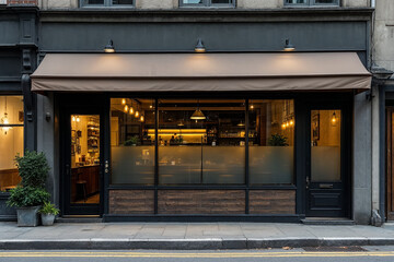 Modern cafe facade showcasing stylish interior design and inviting atmosphere with natural light