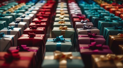 Obraz premium A row of wrapped gifts in various colors with ribbons and bows.