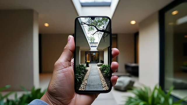 A person holds their phone to snap a photo of their entryway to their beautiful industrial modern home