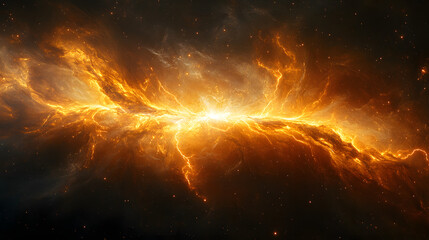 Celestial Firestorm: A fiery celestial phenomenon unleashes a breathtaking display of vibrant energy, creating a cosmic spectacle of orange and gold hues against a dark, enigmatic backdrop. 