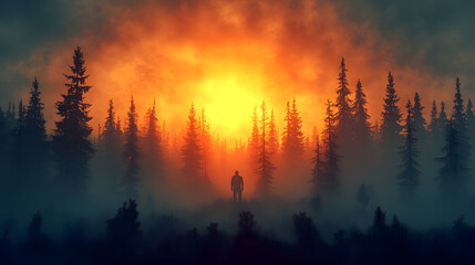Naklejka premium Solitary Silhouette: A captivating digital illustration showcases a lone figure standing amidst a silhouetted forest, bathed in the warm, intense glow of a sunset.