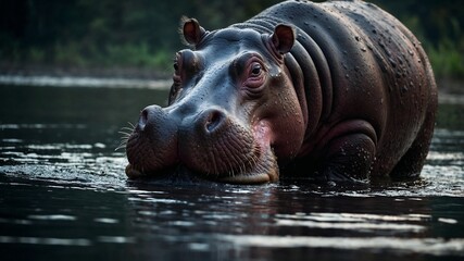 Fototapeta premium Hippo partially submerged in water with inquisitive expression